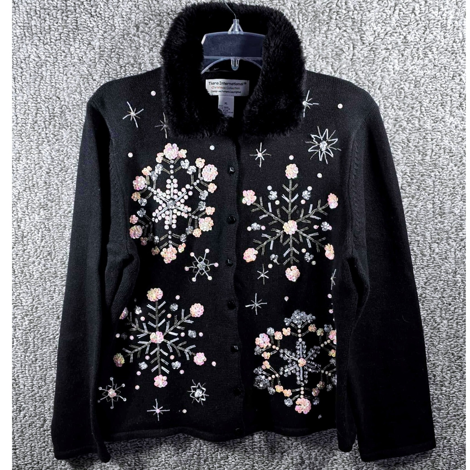 Tiara International Christmas Snowflake Cardigan Black Faux Fur Collar Womens Xl